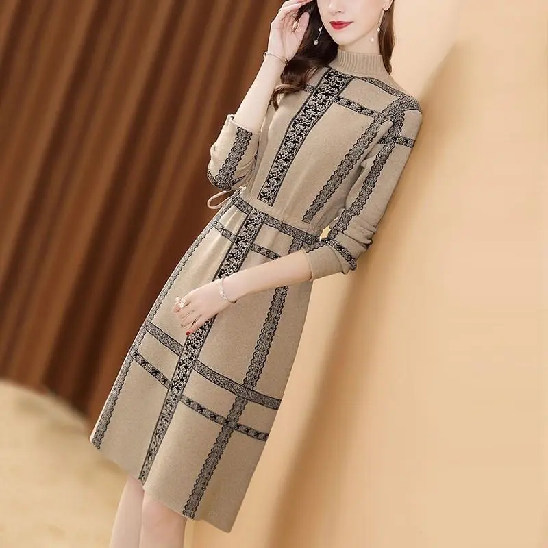 Knitting Pullover Sweater Dress For Women Autumn 2023 New Casual Turtleneck Genmetric Patchwork Bow Belt Knee-Length Vestidos