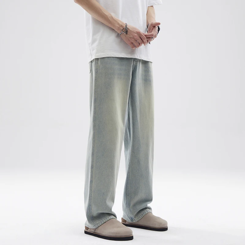 2024Spring and Summer American RetrocleanfitLight-Colored Jeans Men's Straight Loose Worn Looking Washed-out Long Pants Fashion