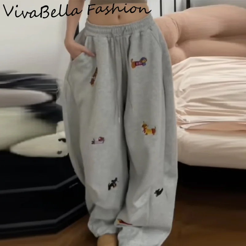 

Уличный стиль, колбаса, собака, вышивка, широкие спортивные штаны, женские плиссированные брюки с завязками на талии в стиле ретро, повседневные утягивающие брюки до щиколотки