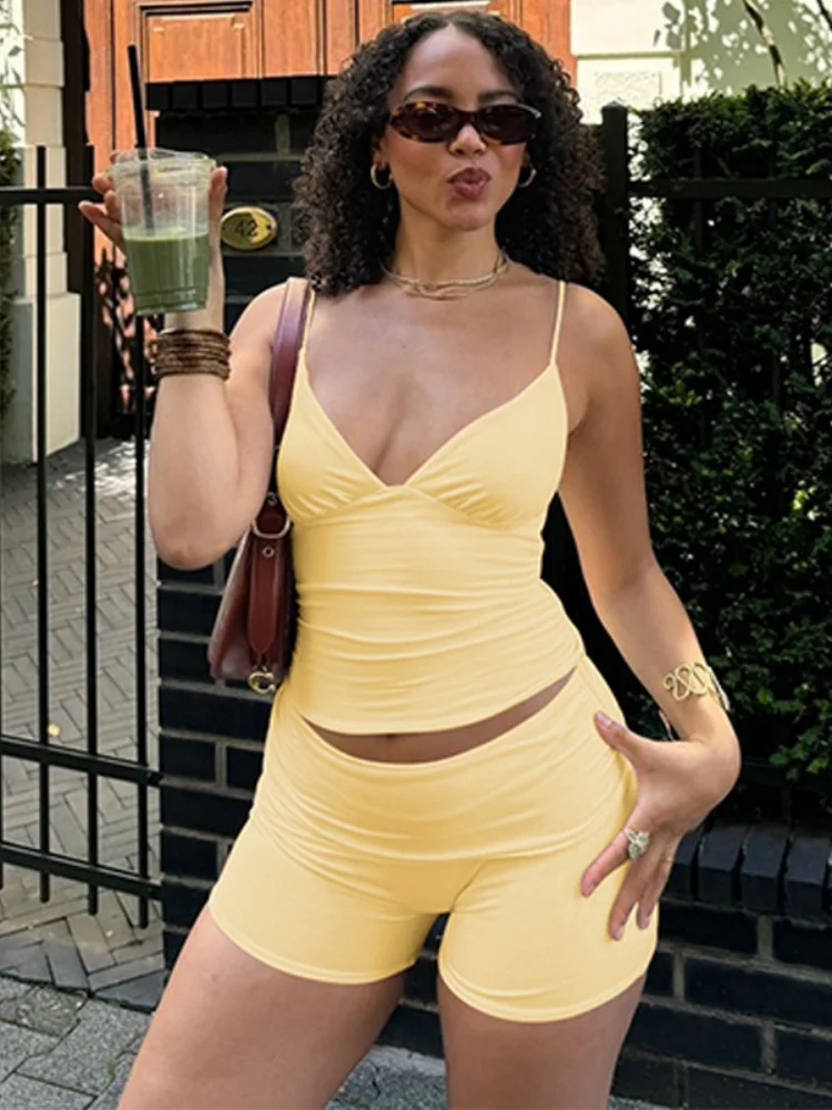 

Three Sisters 2025 Summer Fashion Casual Vacation Seaside Beach Woman Clothes Solid Color Suspenders Vest Ladies Two Piece Sets