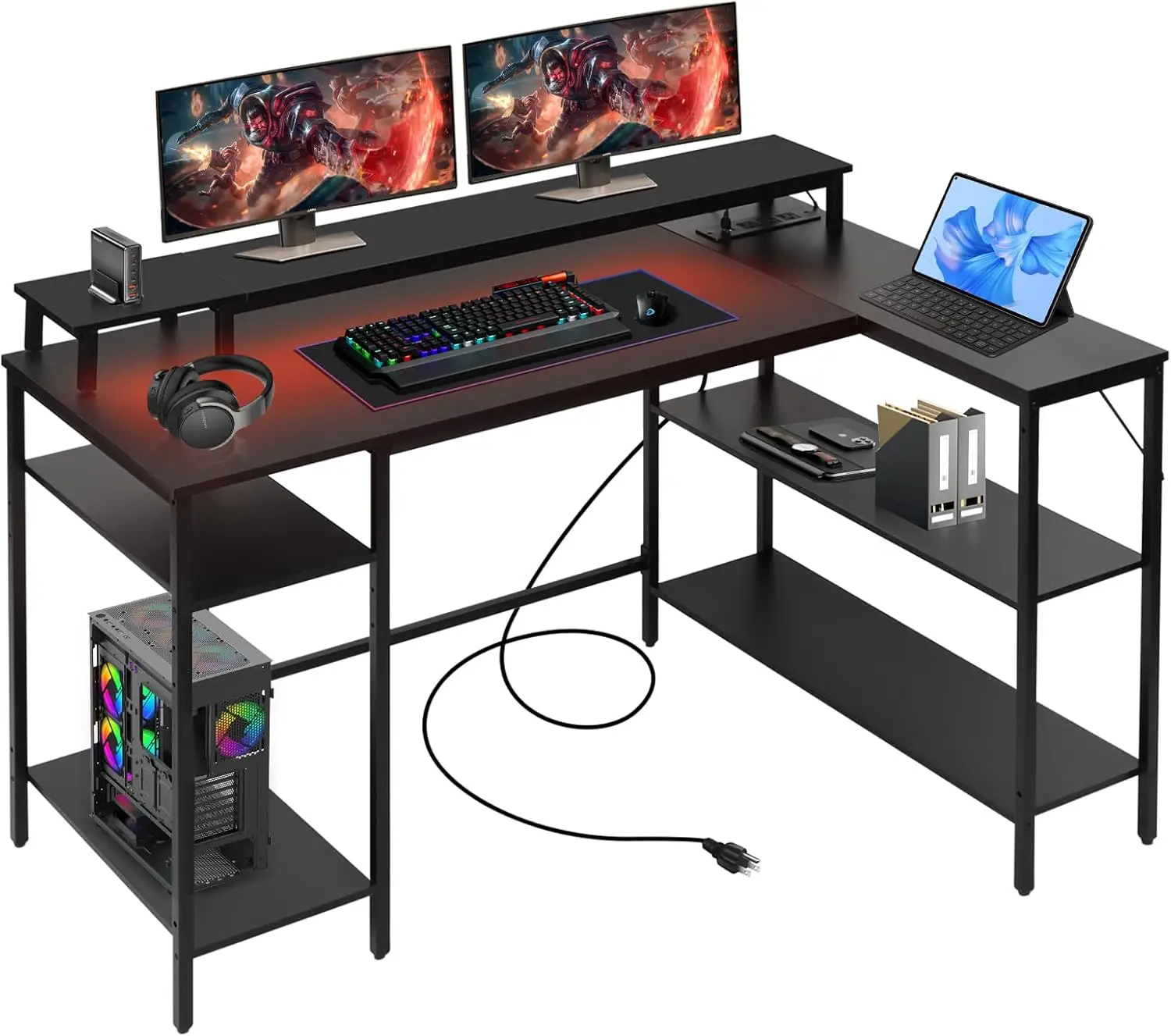 Panana L Shaped Gaming Desk With Led Lights & Power Outlets, Reversible Computer Desk With Stand & Shelves, Corner Desk Home