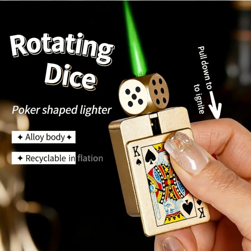 Mini Rotating Dice Lighter Windproof Green Flame Rechargeable Metal Playing Card Lighters Smoking Accessories Gift for Men Women