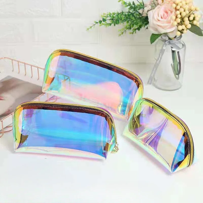 Large Capacity TPU Makeup Bag Transparent Waterproof Laser Color Portable Semi-circular Toiletry Storage Bag for Bathroom Use