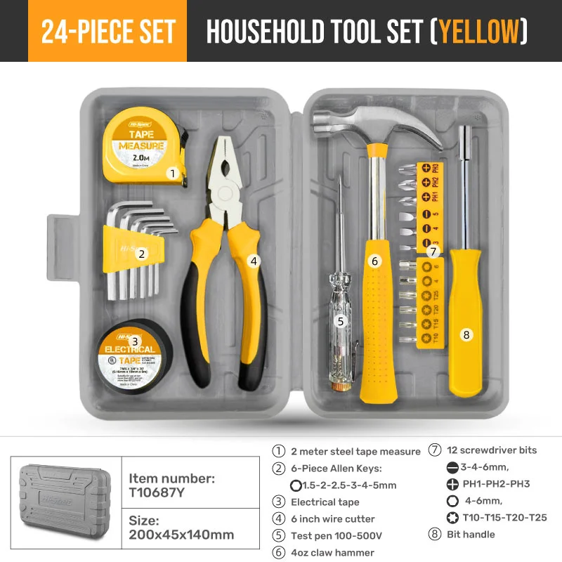 Hi-Spec Yellow Household Tool Box Set Home Pink Multi-function Hand Repairing Tool Kit Plier Hammer Screw Tape Measure Home Tool