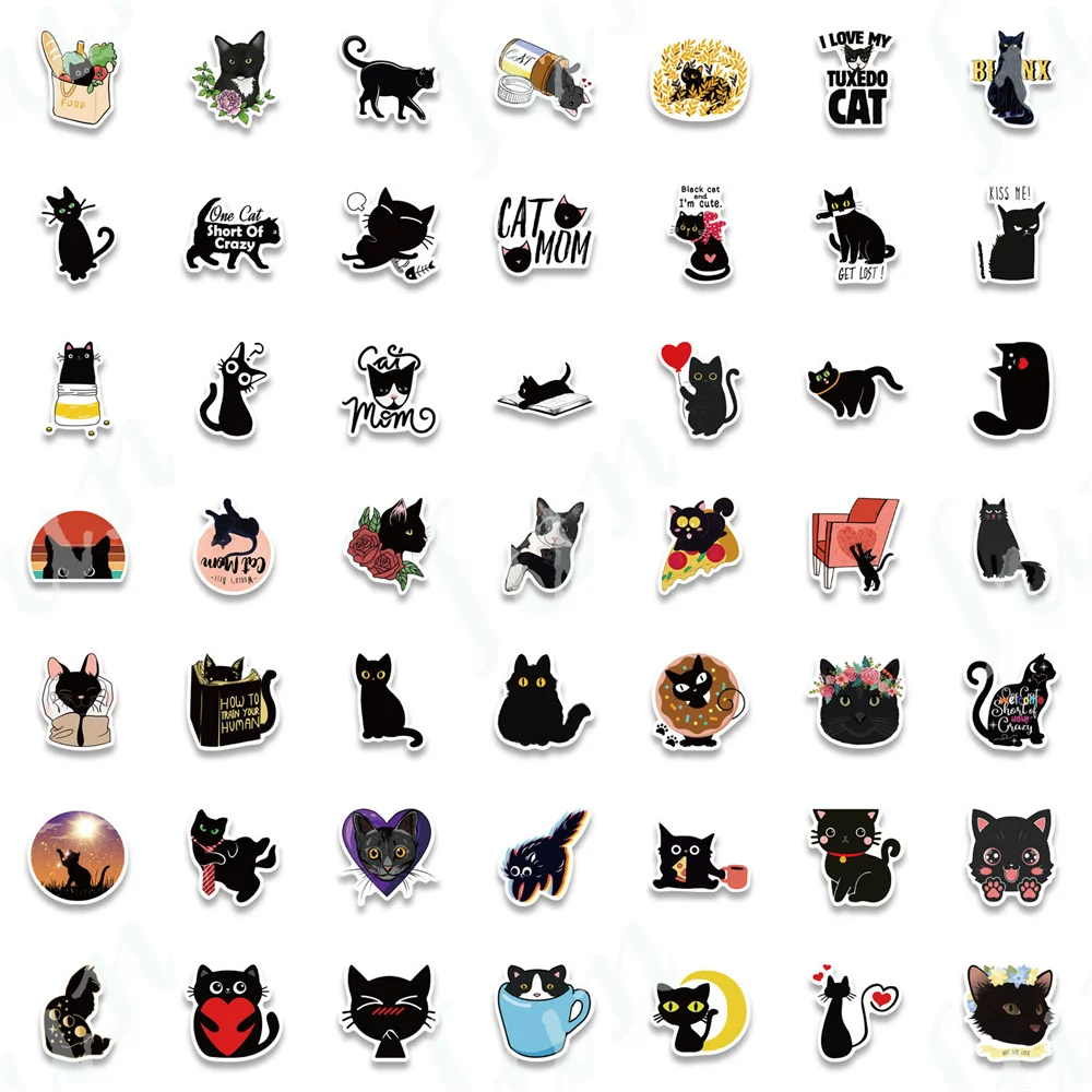 100PCS Black Cat Doodle Stickers Decorate Ipad Notebook DIY Waterproof Stickers Halloween Paper Crafts