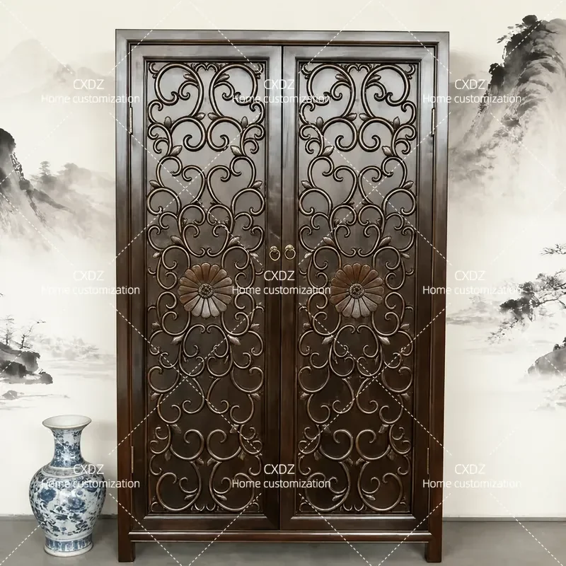 Solid Wood Retro Shoe Cabinet Elm Wood Carved Flower Design Storage Locker for Entryway Hallway Home Organization Furniture