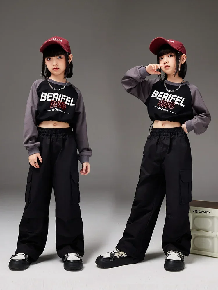 Kpop Jazz Dance Outfit Girls Cheerleading Clothes Loose Tops Cargo Pants Street Dance Performance Costume HipHop Clothes DL11084