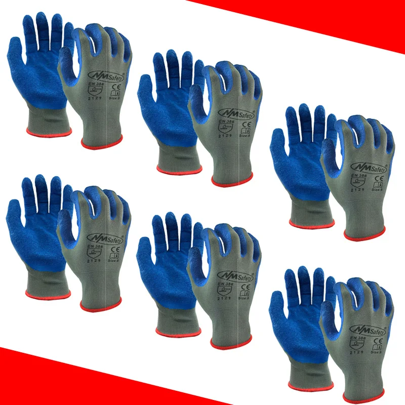 12Pieces/6 Pairs For Garden Latex Work Gloves Cotton Shell Latex Coated Palm Construction Labor Safety Work Protective Gloves