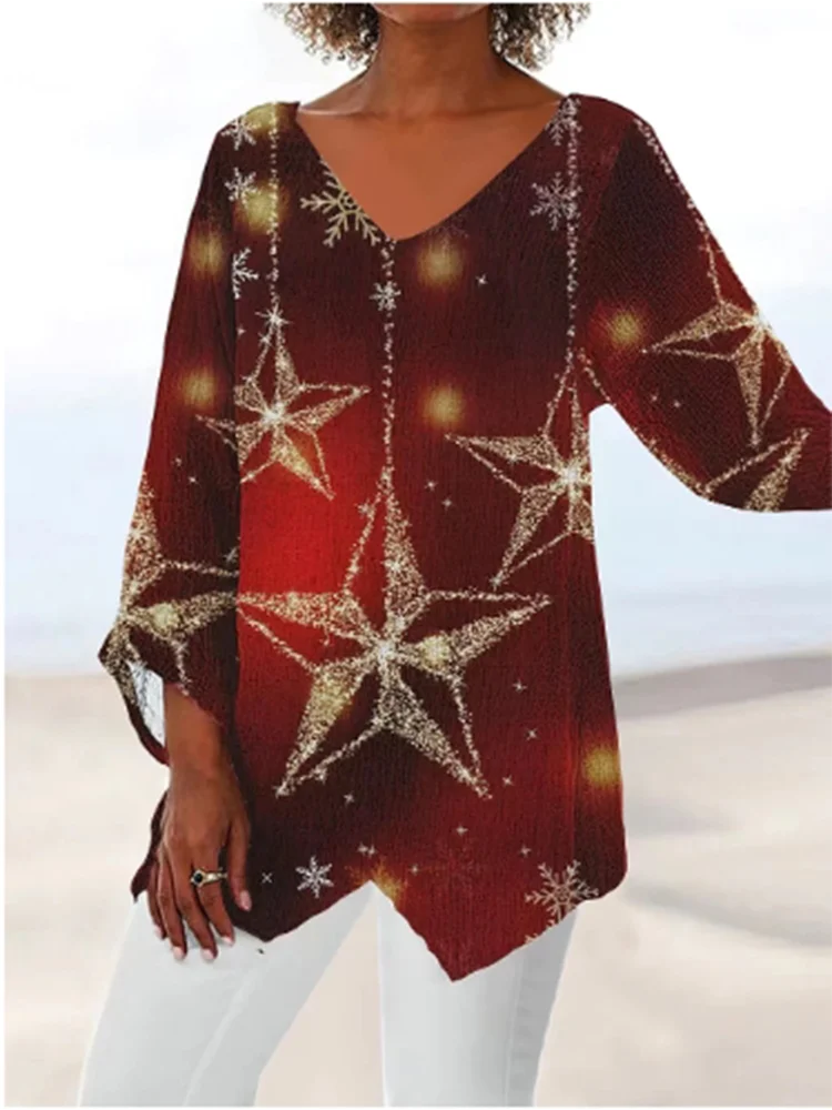Autumn New V-neck Long Sleeved Irregular Printed T-shirt Fashionable Street Dating Elegant Women\'s Top