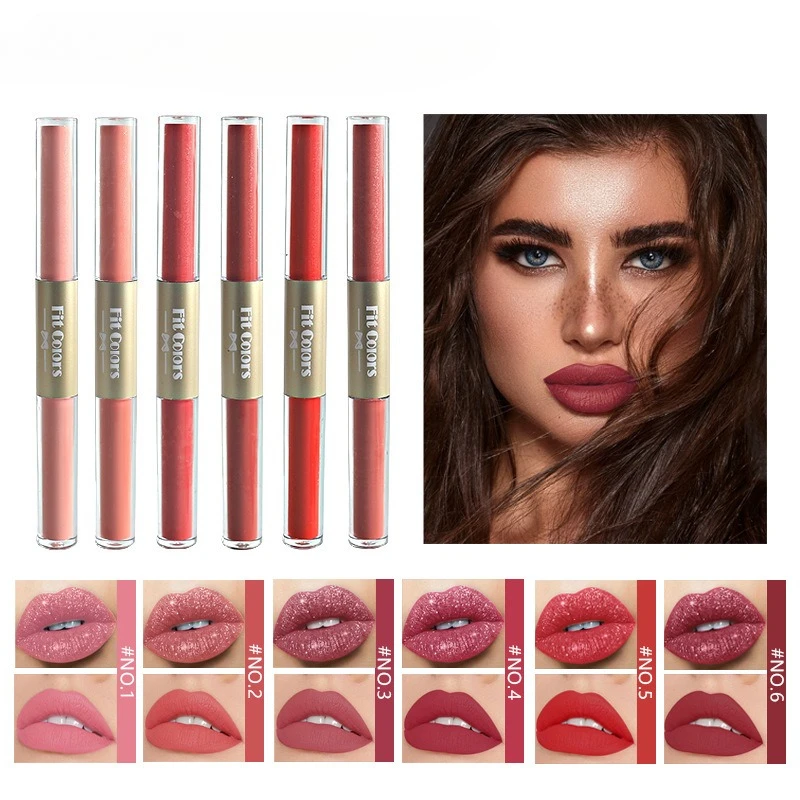 Brillo de labios de doble punta 2 en 1, acabado mate y brillante, a prueba de transferencia, lápiz labial líquido resistente al agua altamente pigmentado de larga duración