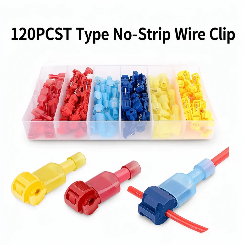 120 Pcs T Type Quick Wire Connector No Stripping Main Line Branch Tap Terminal Block Splice Connector Kit Assortment Storage Box