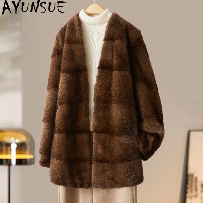 

AYUNSUE Natural Whole Mink Fur Coat Woman Luxury Winter Fur Jacket Loose Stylish Long Sleeve Tops for Woman Clothes Шуба Женская
