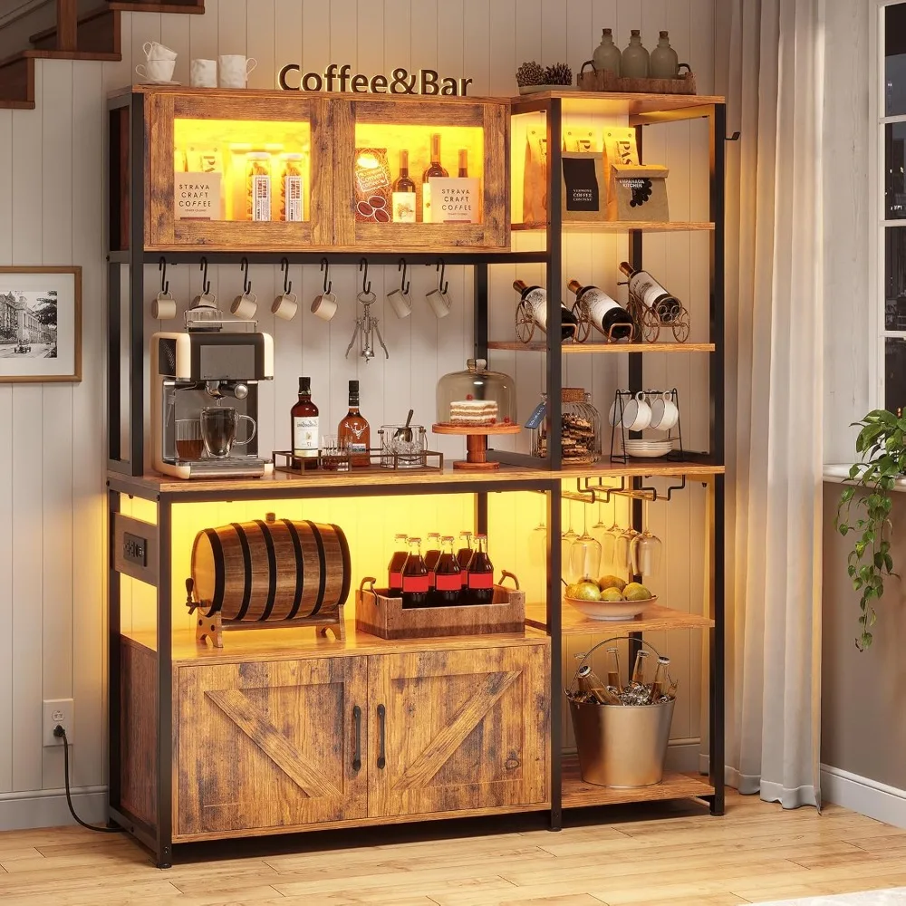

45.3 Inch Farmhouse Bakers Rack - Coffee Bar Cabinet with Power Outlet, LED Light & Microwave Storage