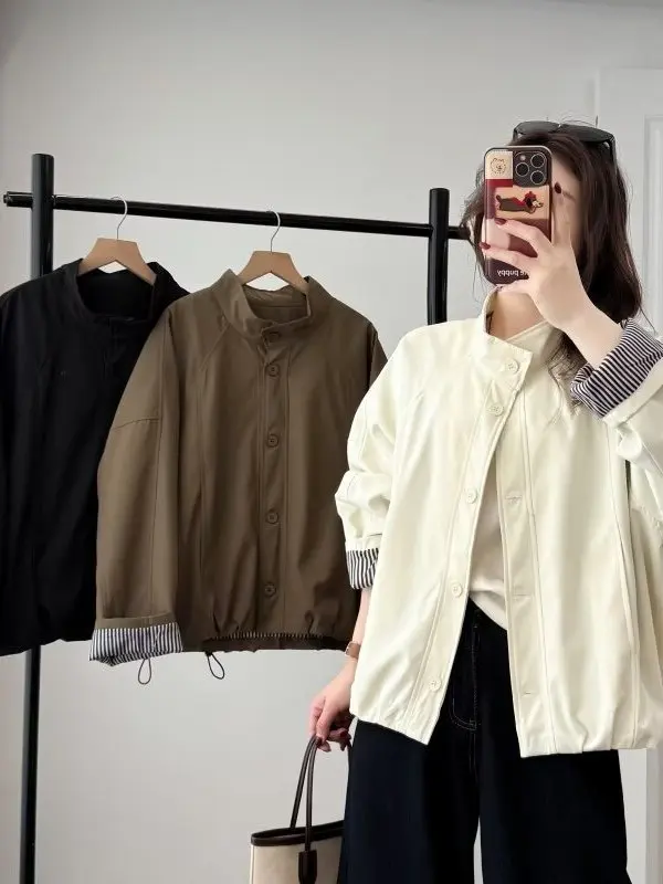 

plus Size Women's Spring 2026 Korean Style Slimming Loose Fit Stripe Patchwork Short Jacket Open Cardigan Fashionable