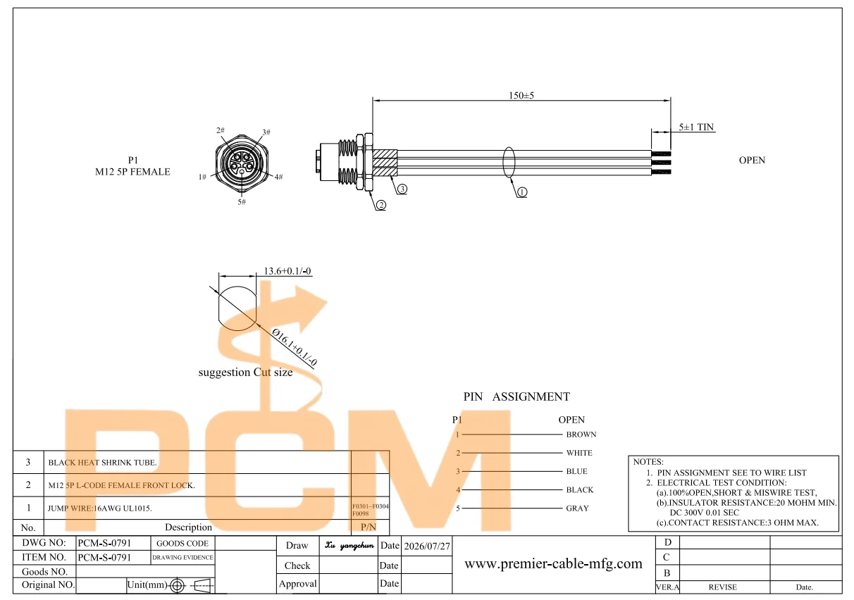 M12 L-Code 5-poliger Buchsenstecker für Schalttafelmontage, Kabel mit offenem Ende, Industrielles Stromkabel für Automatisierung und Steuerung – Detail 3