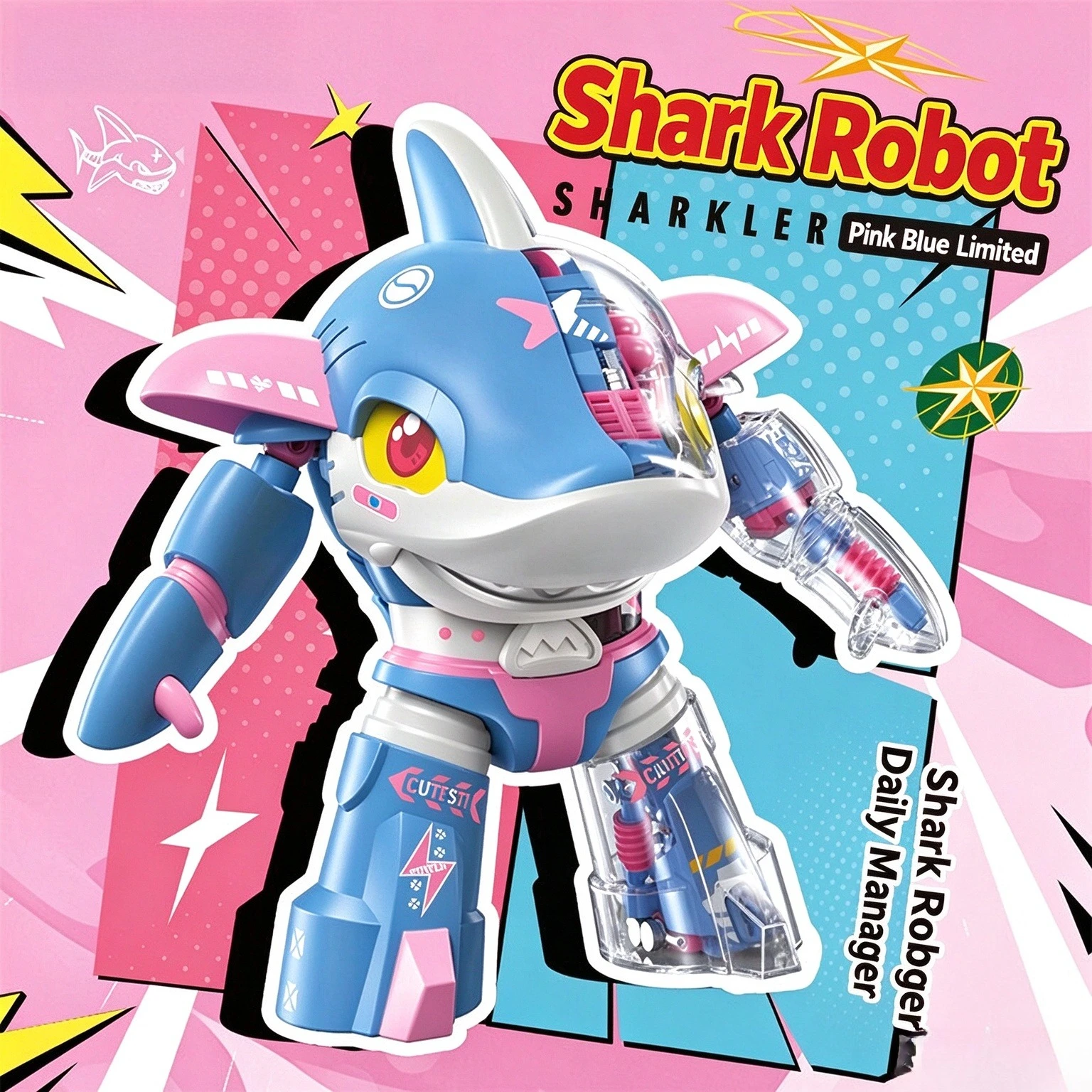 Pink and blue limited shark pepper iron armor treasure assembled building block, suitable for daily ornaments or birthday gifts