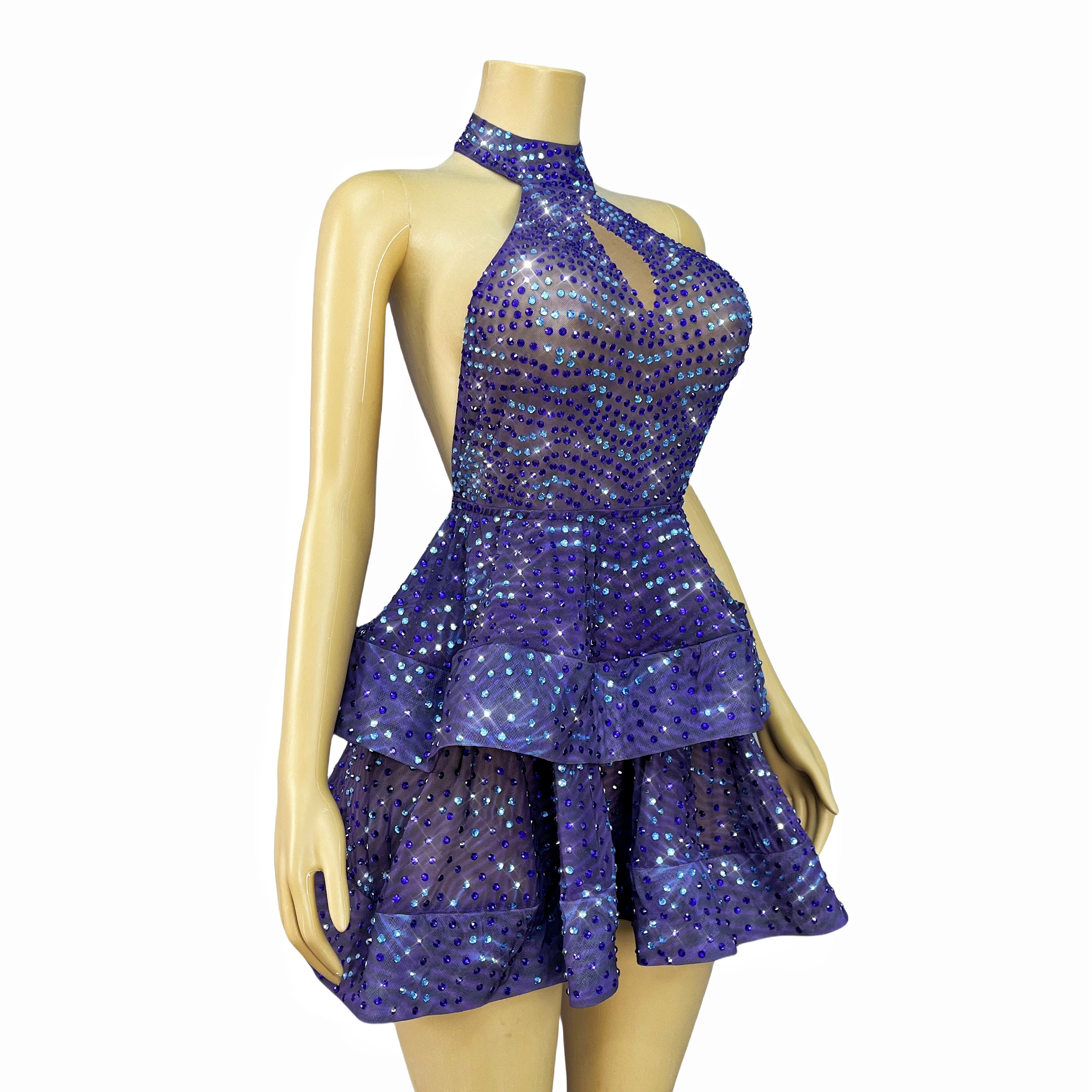 Nubreza e elegância roxo cintilante strass sem costas em camadas vestido de noite vestido de aniversário mostrar dança palco outfit zibowen