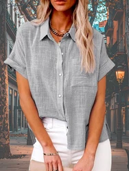 2024 Solid Casual Loose Shirts For Women Short Sleeve Button Lapel Cardigan Top Ladies Clothing Stylish Youth Female Blouses