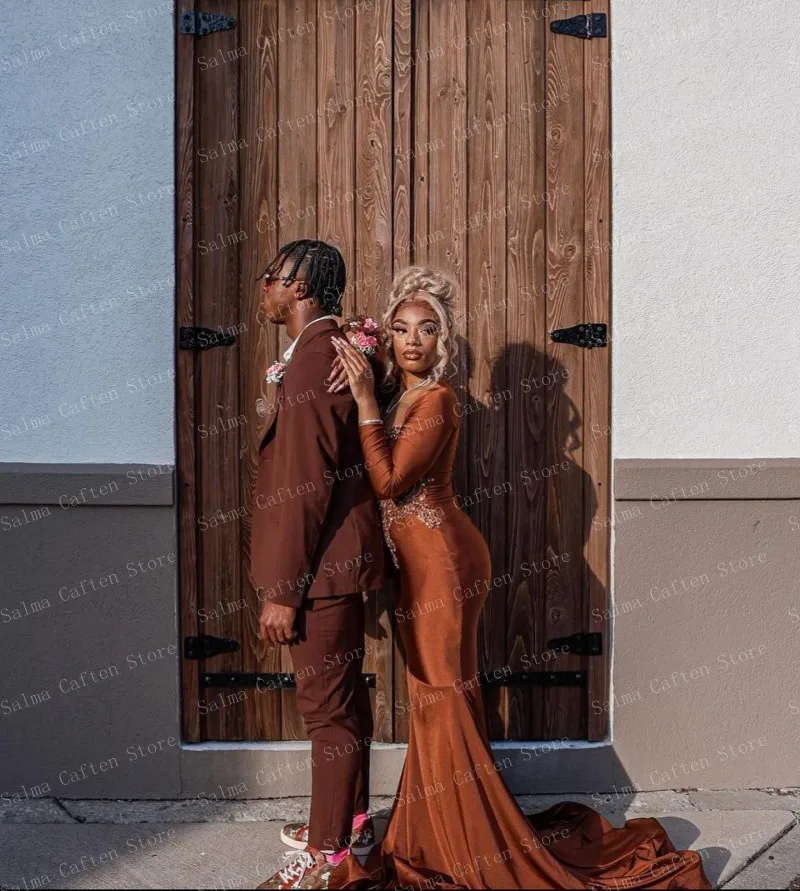 Square Neck Long Sleeve Mermaid Dress Brown Smooth Satin Evening Dresses Custom Made Women Clothing Ever Pretty Gowns Plus Size
