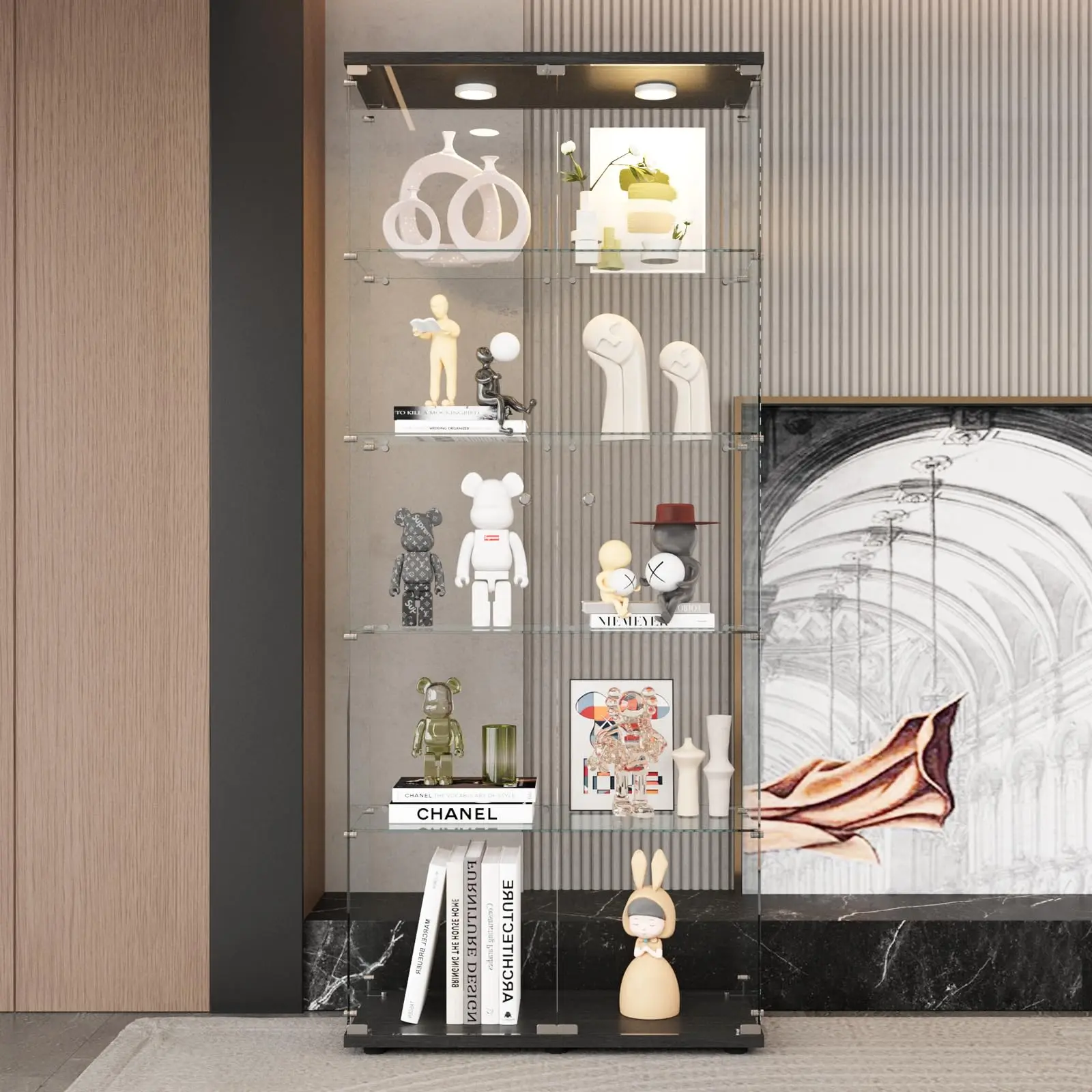 5-Tier Glass Display Cabinet with LED, Display Case Black