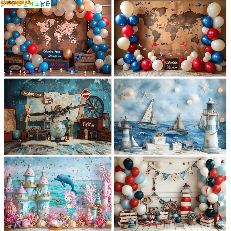 

Mermaid Blue Marine Wall Sailboat Photography Backdrops Birthday Party Decor Global Fishing Net Photo Studio Background TE-07