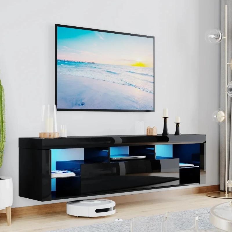 

63" Floating TV Stand for 60" TV, LED TV Cabinet w/Power Outlets, Storage and Shelf, Gloss Media Console Table