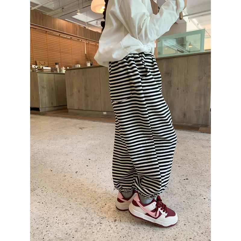 Crawler2024Autumn Boys and Girls Baby Loose Casual Closing Drawstring Fashionable Striped Sweatpants