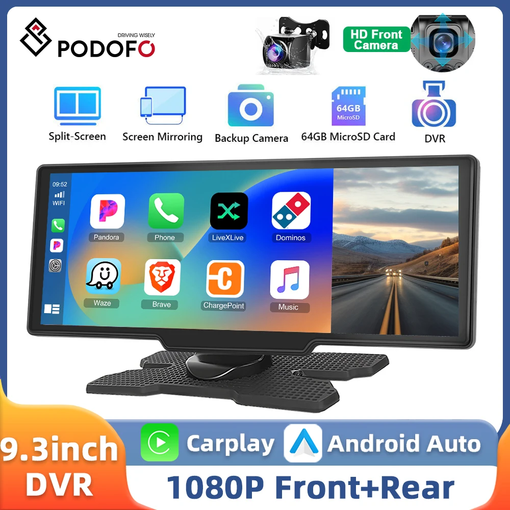 Podofo 9.3'' Car Monitor Dash Rear View Camera Smart Screen Player HD Carplay Android Auto 64G DVR Dashboard GPS Navigation