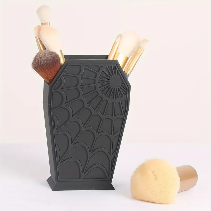 Gothic Coffin-Shaped Spider Web Makeup Brush Holder - Lightweight Plastic Desk Organizer for Vanity or Office Decor