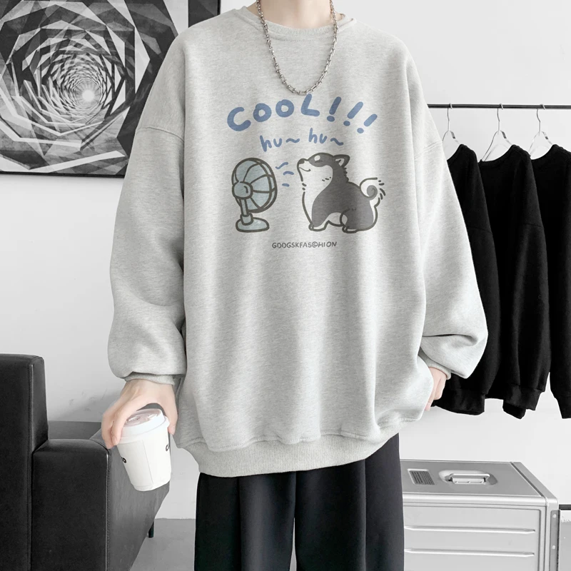 الربيع والخريف الرجال طاقم الرقبة الكلب طباعة أبيض أسود المشمش رمادي فاتح البلوز زوجين عارضة فضفاض الأزرق المخملية البلوز