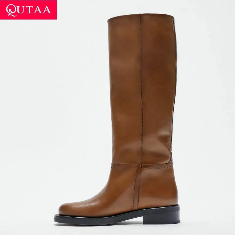 QUTAA 2022 Women Knee High Boots Full Cow Leather Med Heels Woman INS Office Lady Motorcycle Boots Long Winter Shoes 34-40