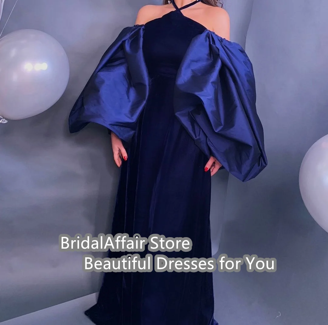 Navy Blue Velvet Straight Evening Dresses Halter Puff Long Sleeves Dubai Arabic Women Formal Prom Dress Occasion Party Gowns