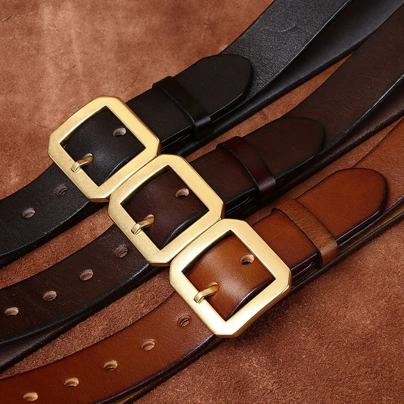

Italian thickened smooth pure cowhide copper buckle belt men's genuine leather pin buckle all-match retro jeans belt