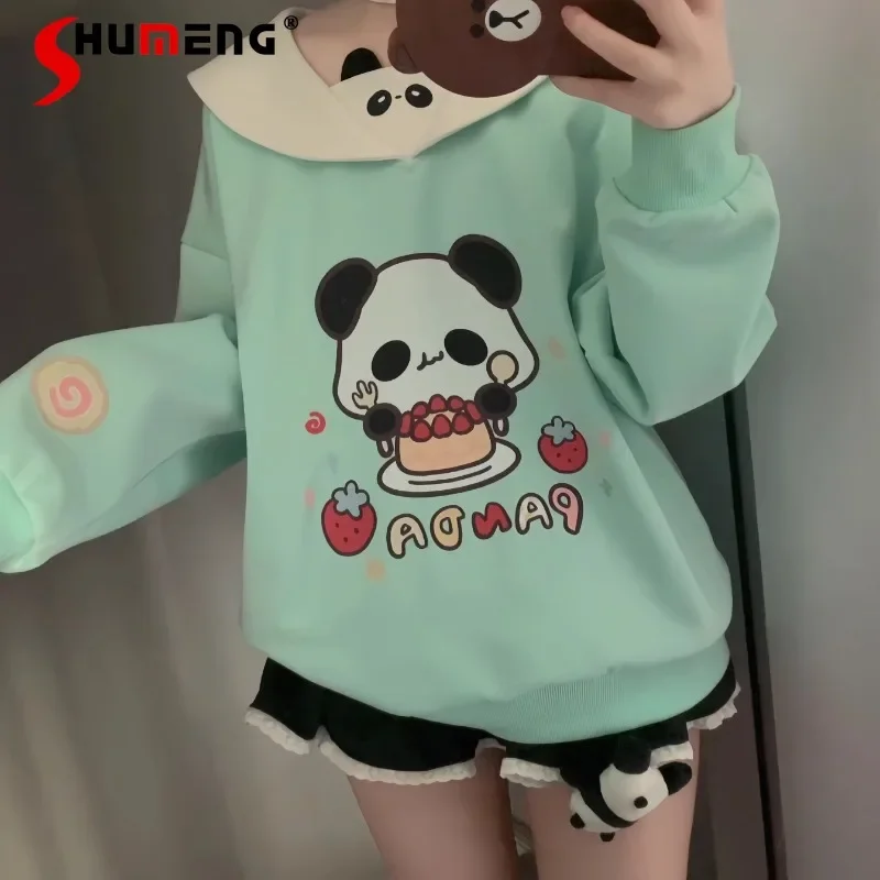 

New Homemade Top Japanese Cute Cartoon Panda Ears Navy Collar Color Matching Loose Long-sleeved Sweatshirts Pullovers Streetwear