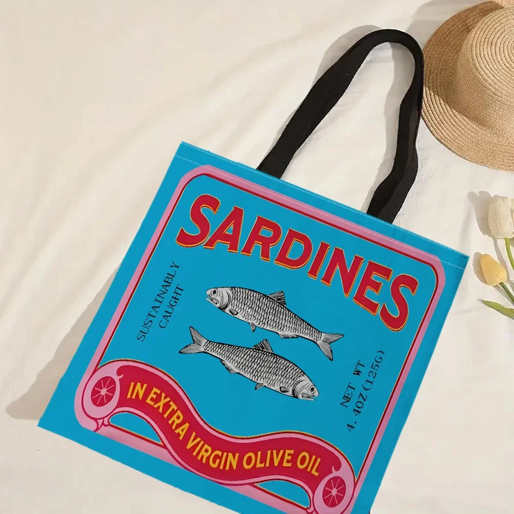 Bunte, trendige Sardinen-Druck-Freizeithandtasche, wiederverwendbarer modischer Rucksack, multifunktionale Einkaufstasche, Polyester-Einkaufstasche – Detail 18