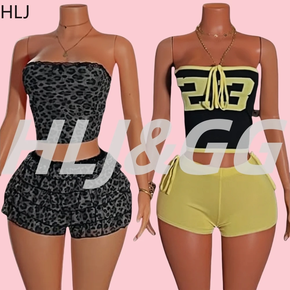 

HLJ Summer Y2K Leopard Print Ruffle Shorts Two Piece Sets Women Off Shoulder Sleeveless Crop Top And Shorts Outfits Streetwear