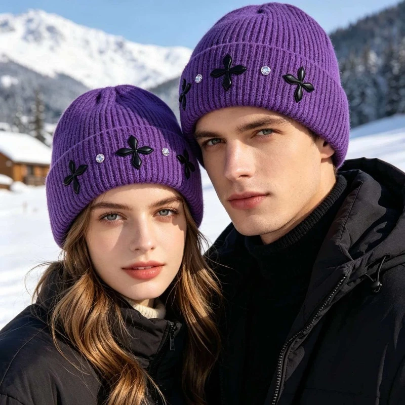 Women's Thickened Purple Knit Beanie Winter Warm Soft Skull Cap with Black 4-Leaf Clover Rhinestones Y2K Fashion Outdoor Ski Hat