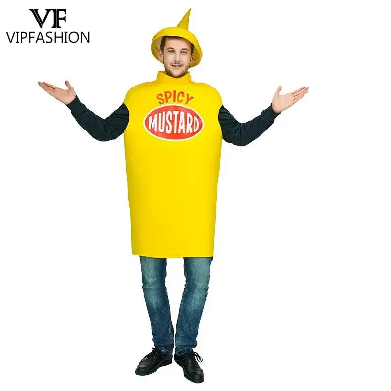 VIP FASHION Couple Cosplay Costume Spicy Mustard Ketchup Halloween Suit Funny Party Outfit with Hat Woman Man Holiday Clothes