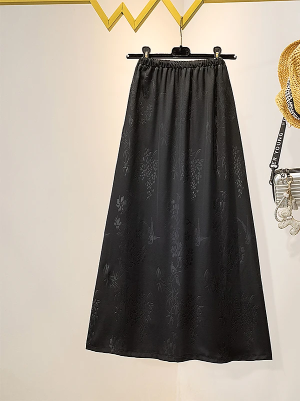 New Chinese Style Embroidered Satin Half Skirt Women Summer plus Size A-Line Long Skirt High Waist Flattering Elegant Feel