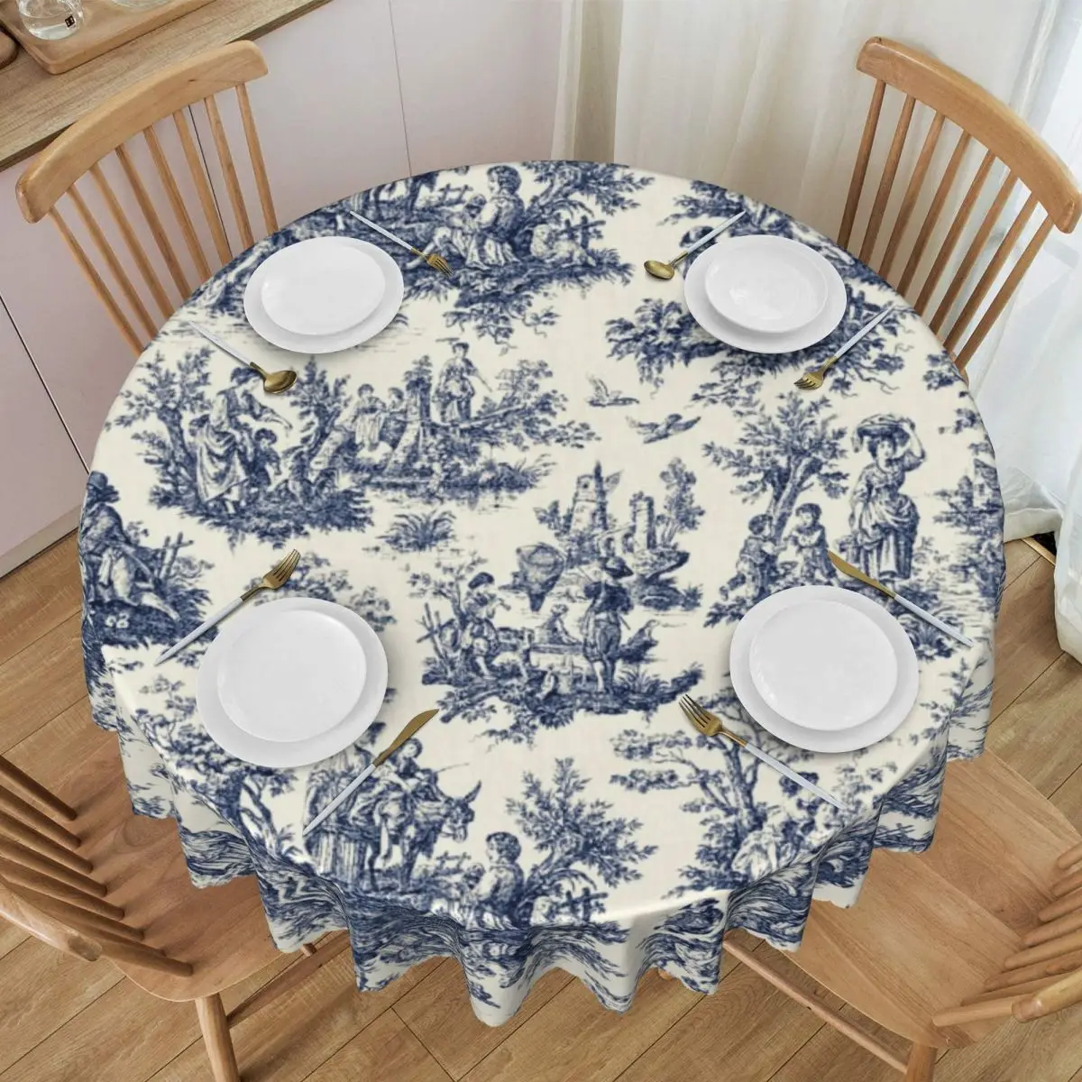 Round Tablecloth Tablecloth 60 inch Kitchen Dinning Table Cloth Spillproof Navy Blue And White Table Covers