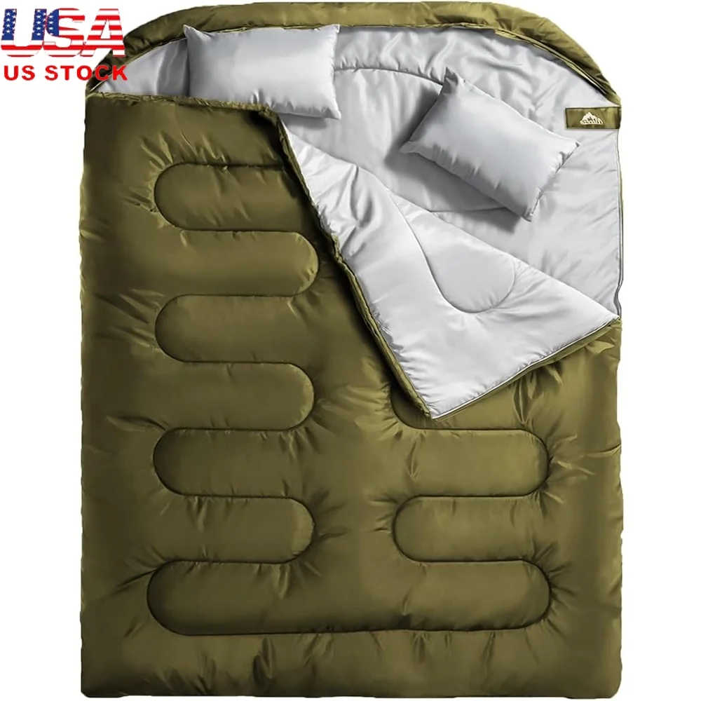 Saco de dormir doble para adultos, dos personas con almohadas, para todas las estaciones, Camping, senderismo, mochilero, saco de compresión XL 28-59 ° F F F