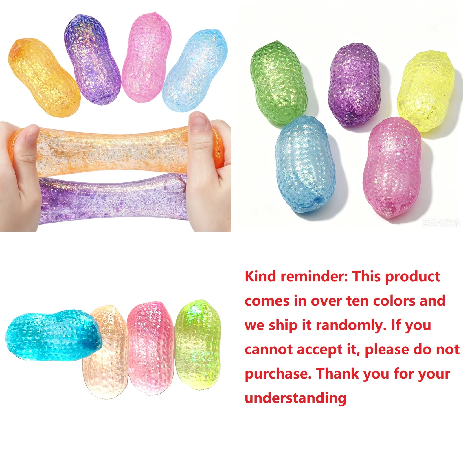 Squishy Sequins Peanuts Maltose Fidget Toy Anti-stress Slow Rebound Pinch Toy Elastic Squeezing Colored Decompression Toy