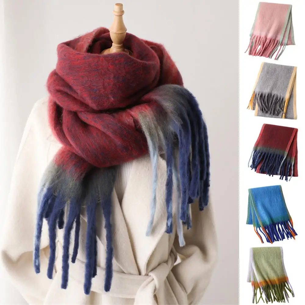 Bufanda de Cachemira gruesa de Mohair a rayas a la moda, bufanda con borlas de invierno para mujer, bufandas largas extendidas cálidas para estudiantes, chal, pañuelo para el cuello, regalo