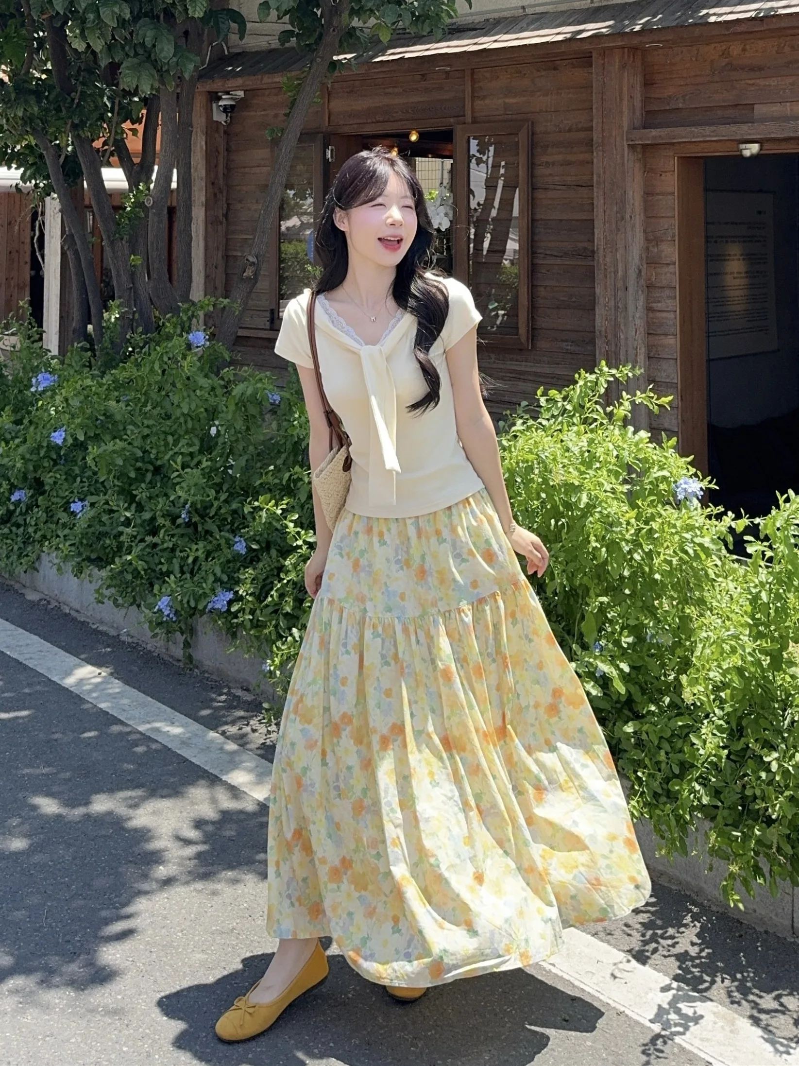 

plus Size Floral Print Two-Piece Set Women's Yellow T-Shirt And Skirt Slimming Top Casual Korean Style Summer Outfit