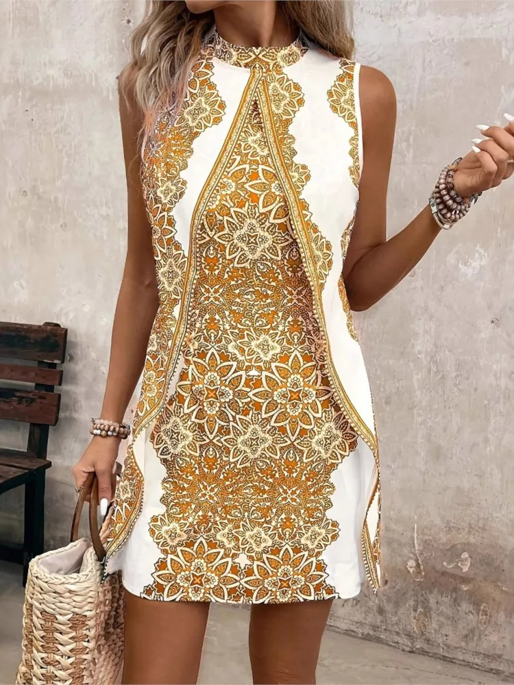 

Fashion Vintage Print Dress For Women Casual Sleeveless Slim Mini Dresses Lady Elegant Holiday Party Skirts Womens Clothing Boho