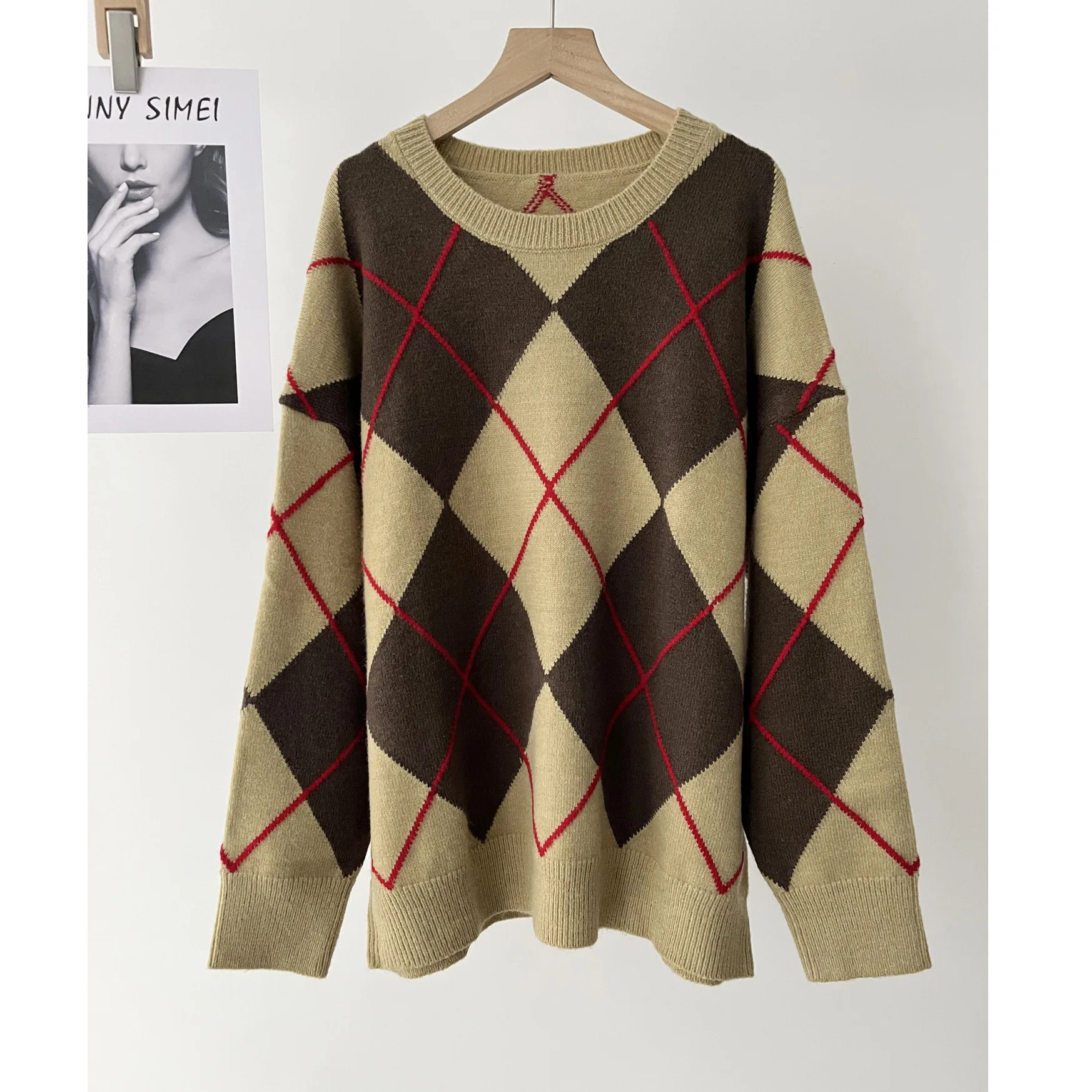 

Women's college style retro rhombus soft waxy crew neck sweater long sleeve knitted sweater autumn 16a-1755