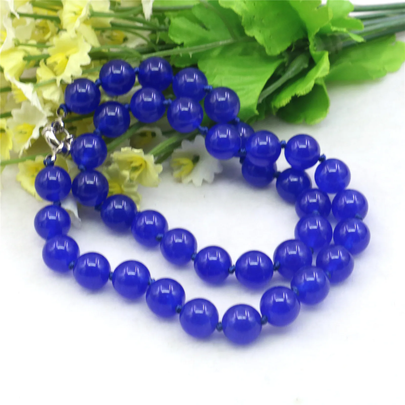 10mm Round Blue Jades Chalcedony Necklace Natural Stone Hand Made DIY Women Hand Made Neckwear Fashion Jewelry Making Design