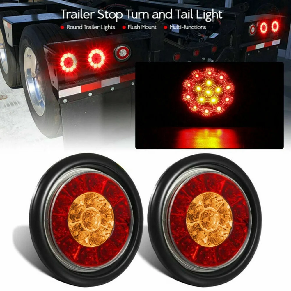 

2X Round 4Inch Red/Amber LED Truck Trailer Tail Lights Rear Stop Brake Turn Signal Lights