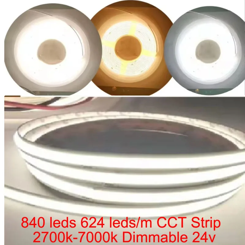 5m 10m 20m CCT COB Dual Color Strip 840 LED/m 2700-7000K 2700k 4000K 6000K Adjustable Dimmable RA90 Kitchen Living Room Ceilling