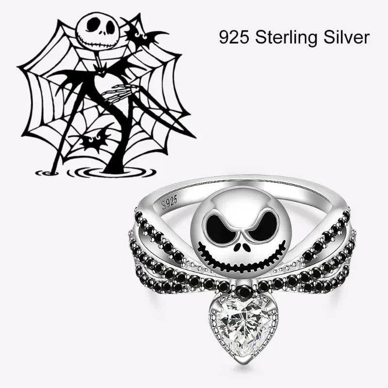 Cartoon DSN The Nightmare Before Christmas Black Enamel Crystal Charm Rings Jack Skull Kawaii Halloween Cosplay Gifts
